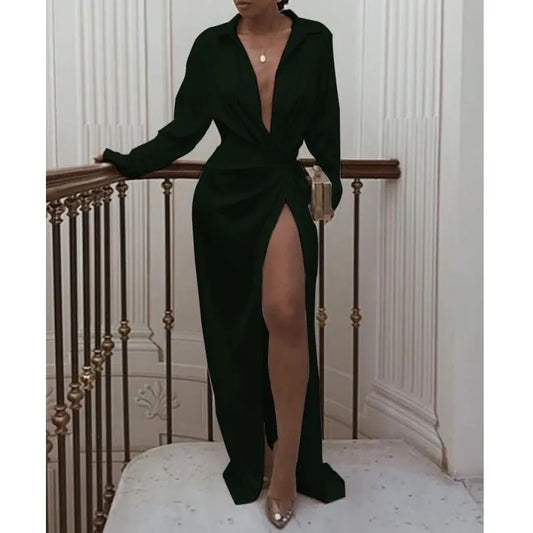 High Waist Split Long Sleeve Shirt Maxi Dress