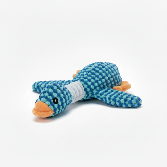 Blue duck plushie extremely close